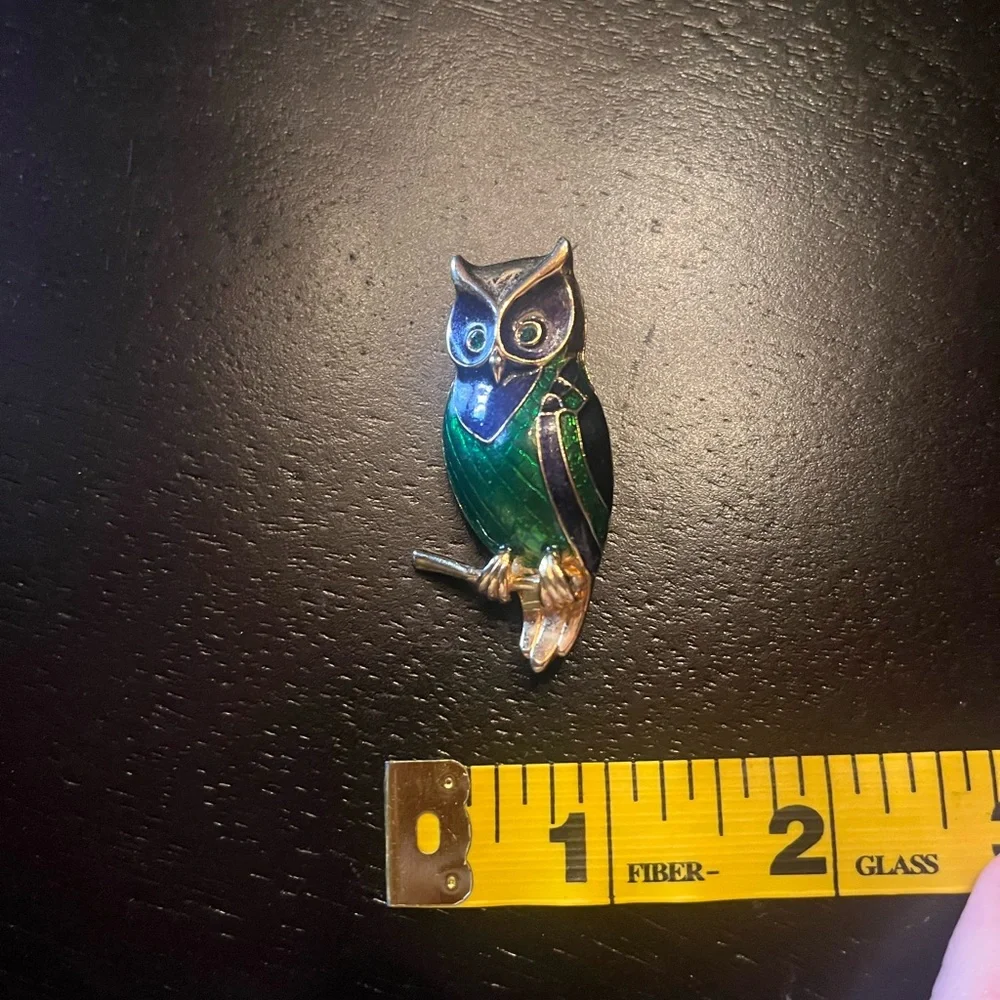 Vintage Green and Blue Enamel Owl Brooch
